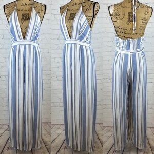 Honey Belle Blue/White Striped Halter Style Wide Leg Jumpsuit